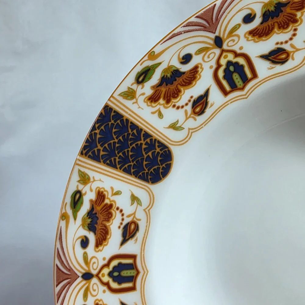 TWO Queens Imari Rim Soup Bowls Green Blue Diamond Band Floral Arches